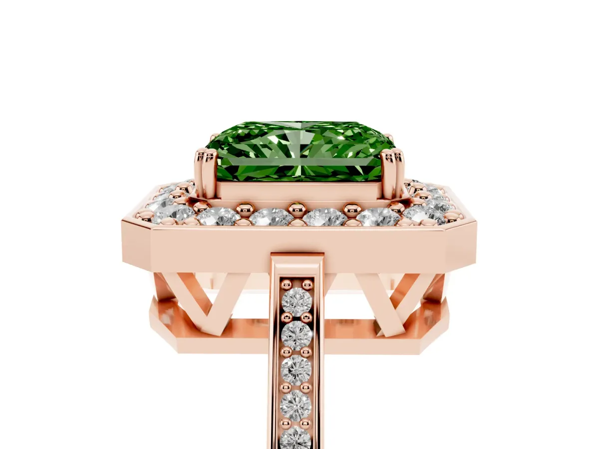 Fancy Green Radiant Cut Diamond Halo Ring with Split Shank and Four-Prong Setting Rose gold