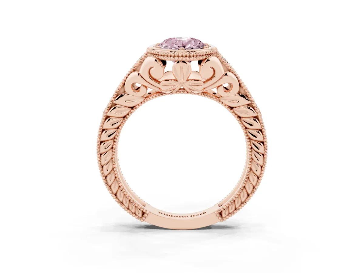 Fancy Pink Bezel Set Oval Cut Diamond Milgrain Pave Engagement Ring Rose gold