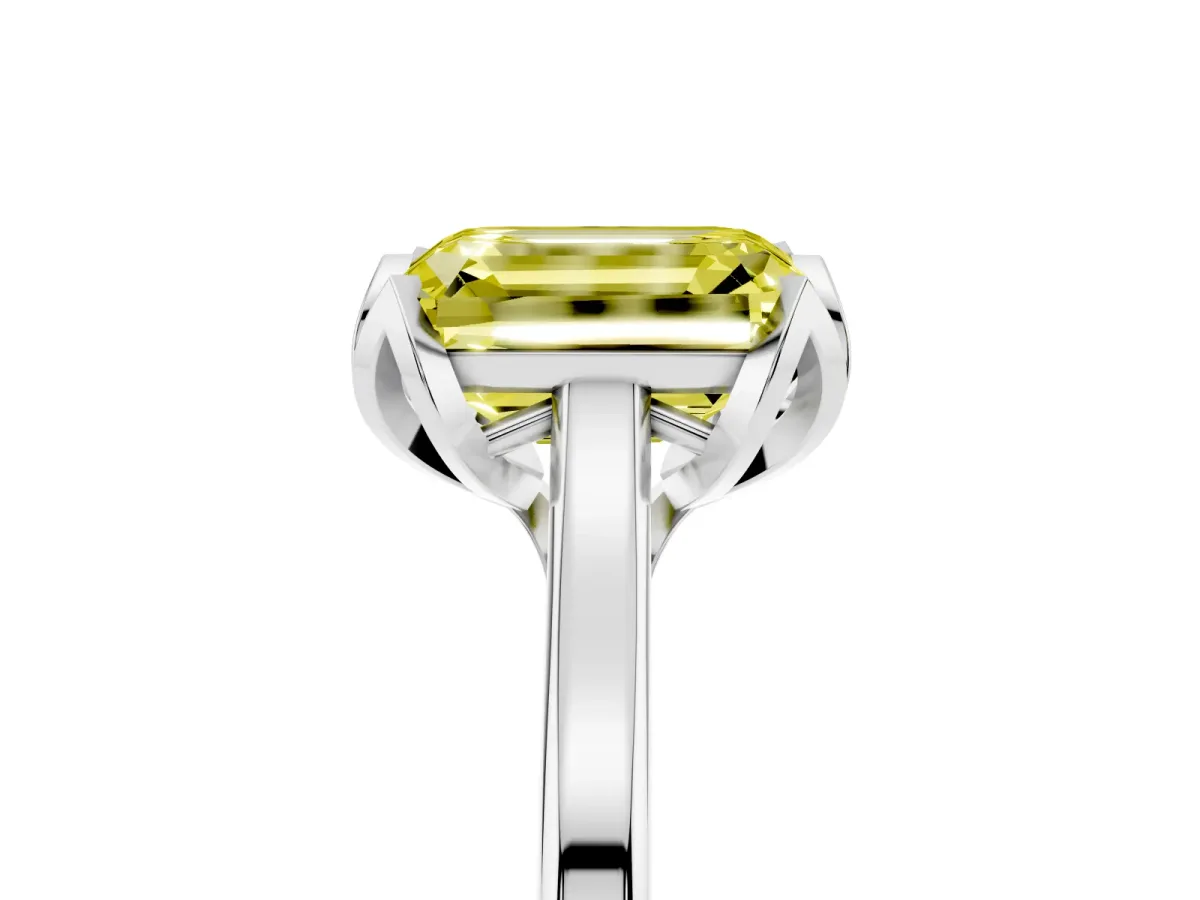Fancy Yellow Emerald Cut Diamond Solitaire Ring with Flower Prong Setting and Classic Band Silver