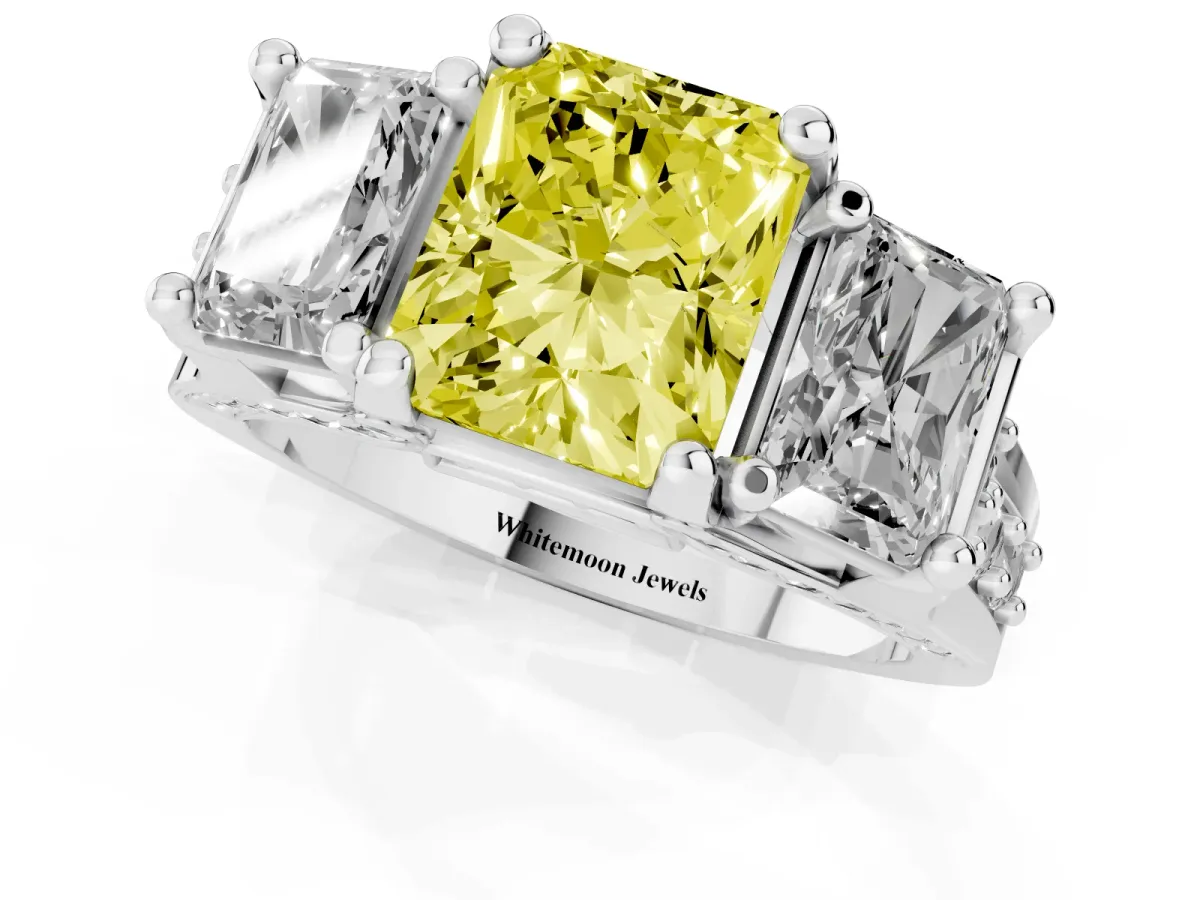 Fancy Yellow Radiant Cut Diamond Three-Stone Ring with Channel Set Band and Four-Prong Setting Silver