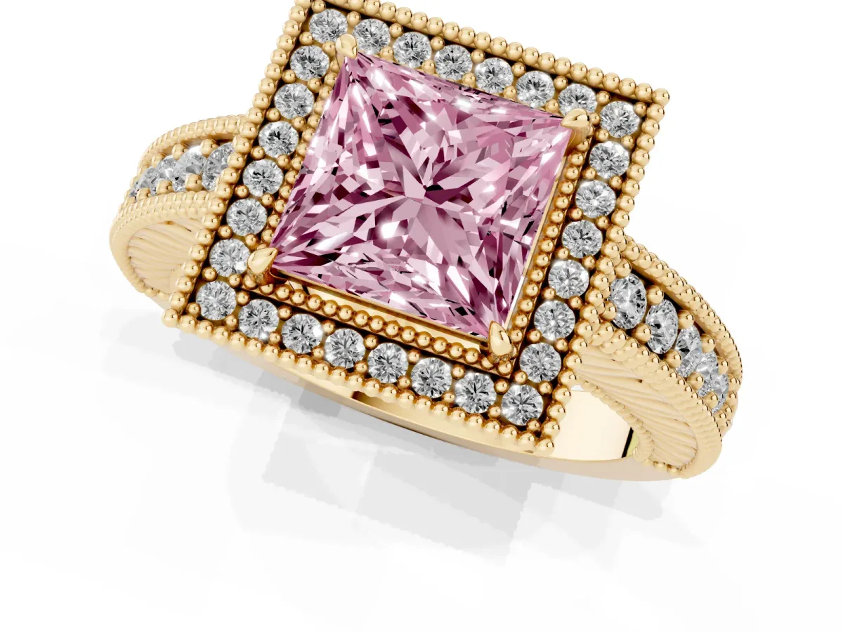 Fancy Pink Princess Cut Cut Halo Diamond Ring with Pavé Band and Four-Prong Setting Yellow gold