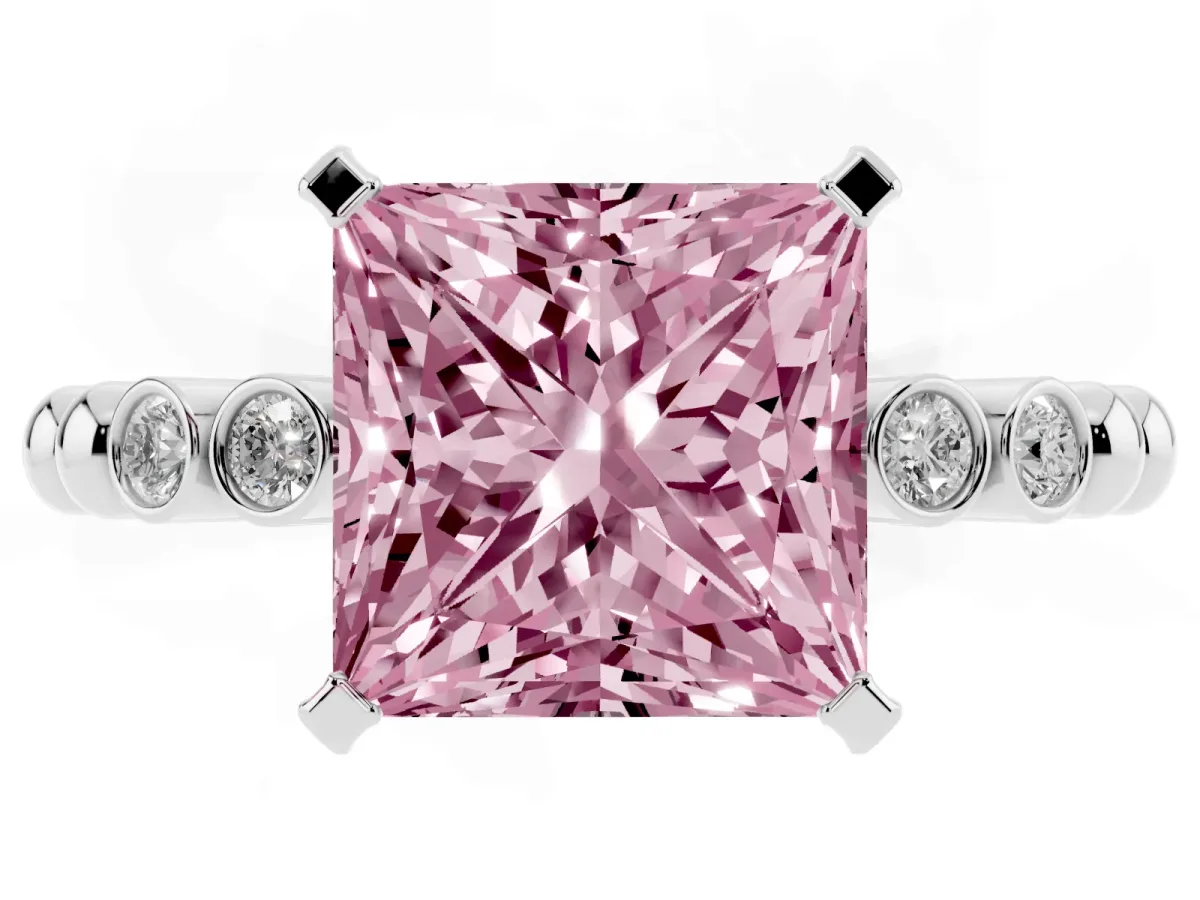 Fancy Pink Princess Cut Solitaire Bezel Accent Diamond Engagement Ring with Beaded Band and Four-Prong Setting Silver