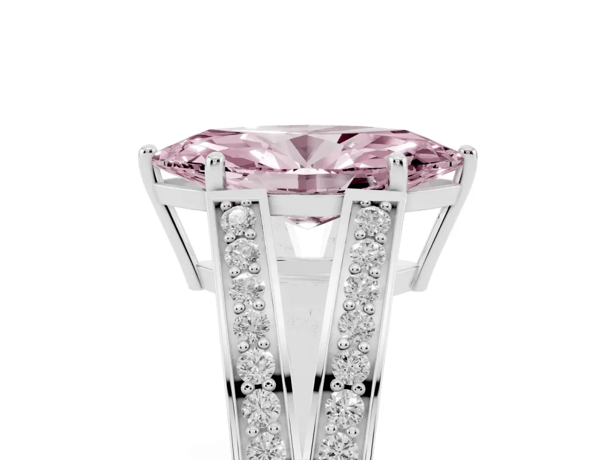 Fancy Pink Marquise Cut Diamond Split Shank Ring with Pavé Band and Four-Prong Setting Platinum