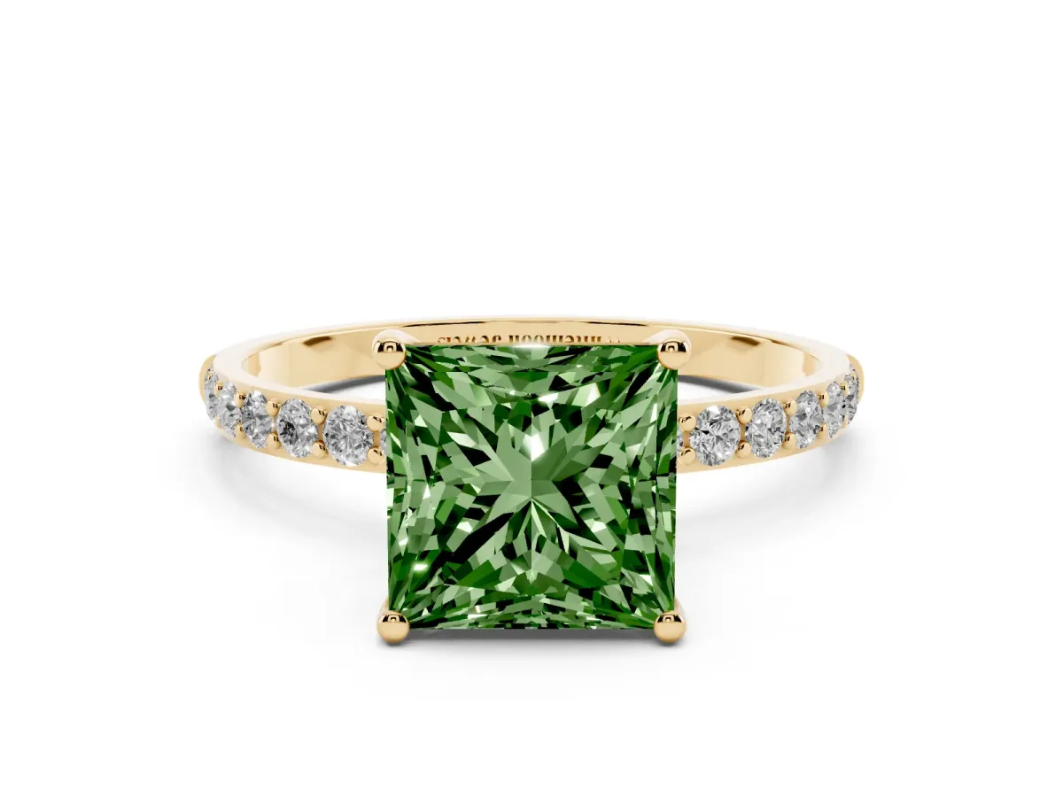 Fancy Green Princess Cut Diamond Solitaire Ring with Round Pavé Shoulders and Prong Setting Yellow gold