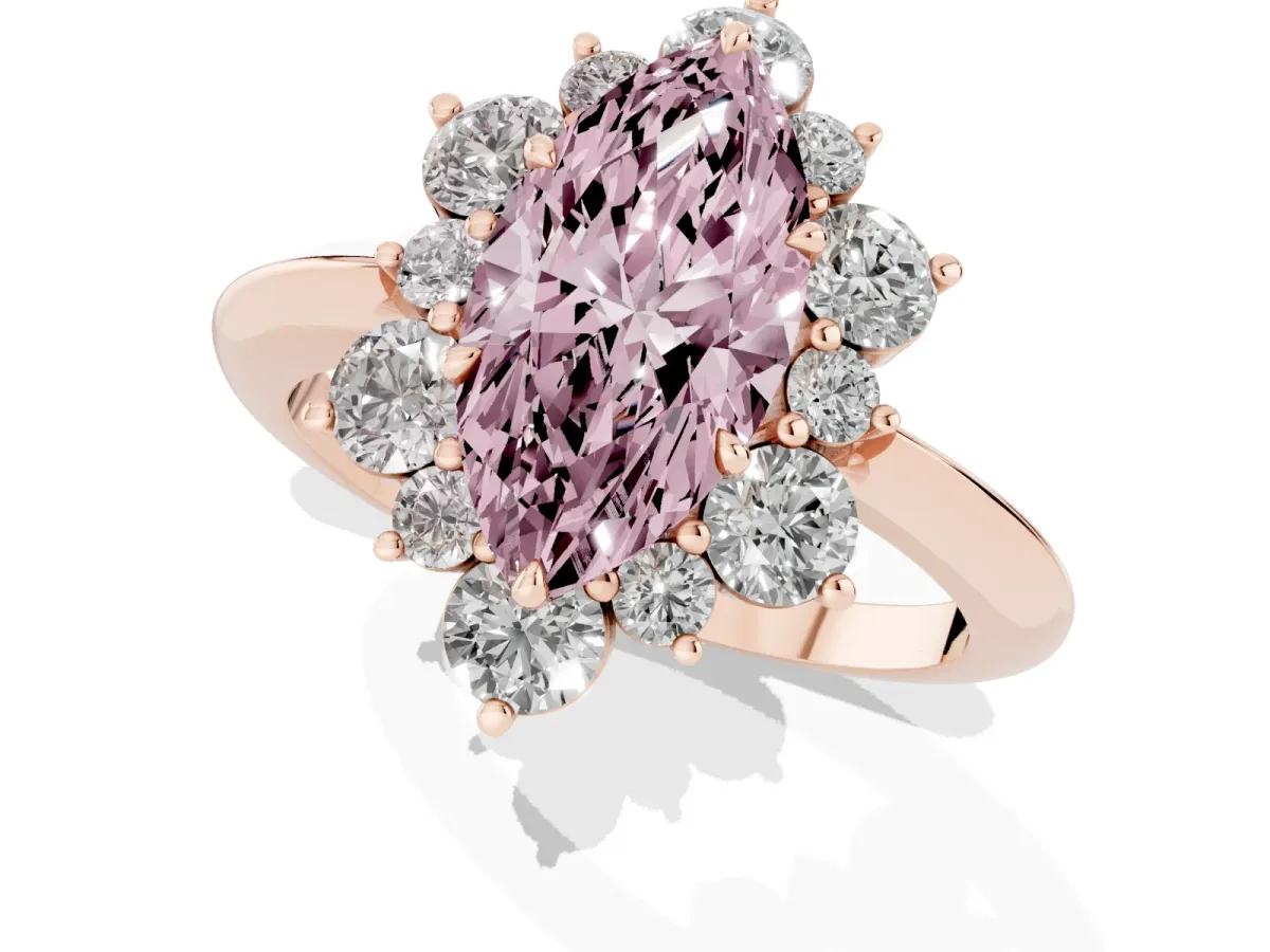 Fancy Pink Marquise Cut Diamond Cluster Halo Ring with Solitaire Band and Four-Prong Setting Rose gold