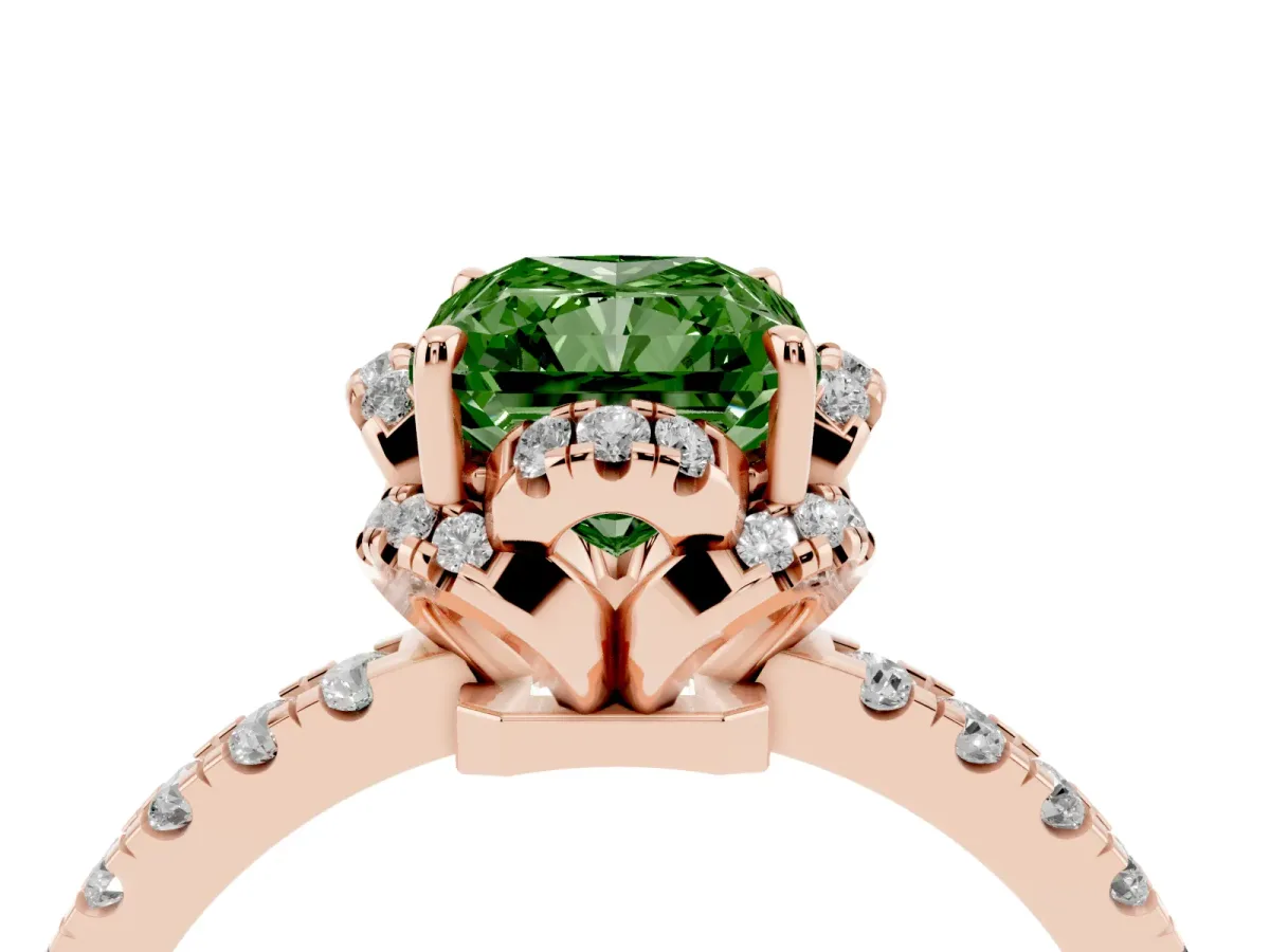 Fancy Green Radiant Cut Diamond Halo Pave Band with Four-Prong Setting Rose gold