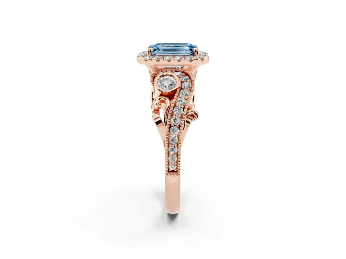 Fancy Blue Emerald Cut Halo Diamond Ring with Milgrain and Bezel Accents on a Split Shank Band Rose gold