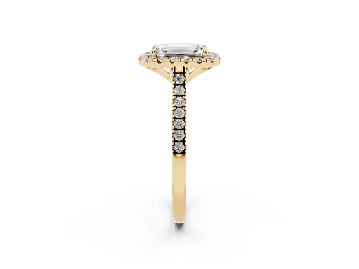 Emerald Cut Diamond Cushion Halo Ring with Pavé Band Yellow gold