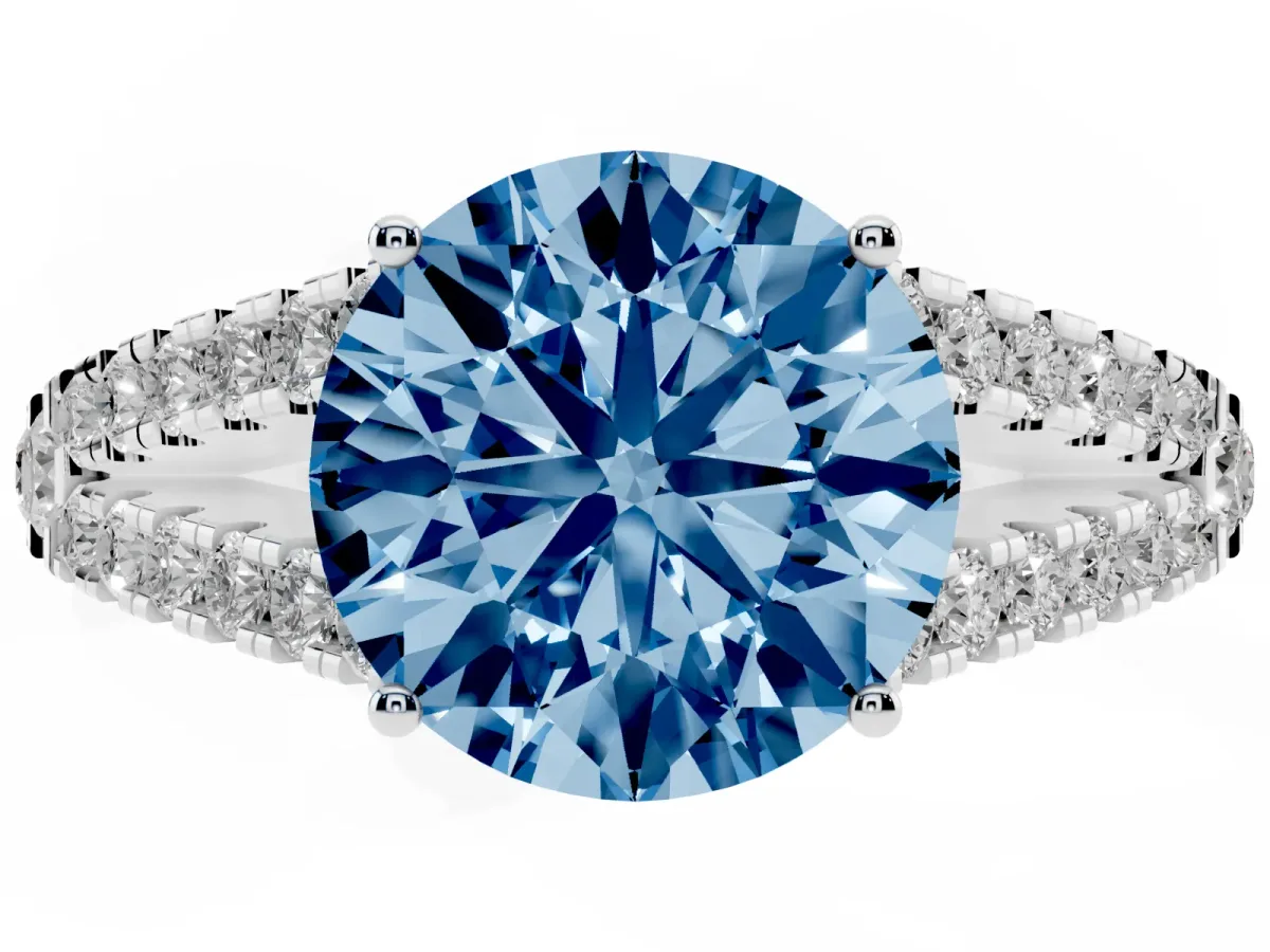 Fancy Blue Round Cut Diamond Split Shank Pavé Engagement Ring with Four-Prong Setting White gold
