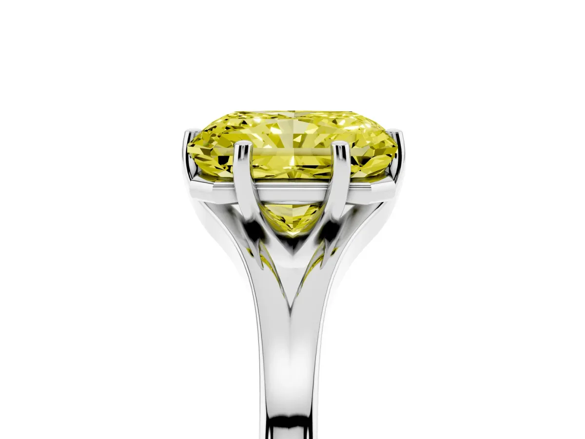 Fancy Yellow Radiant Cut Solitaire Diamond Ring with Six-Prong Setting and Tapered Band Platinum