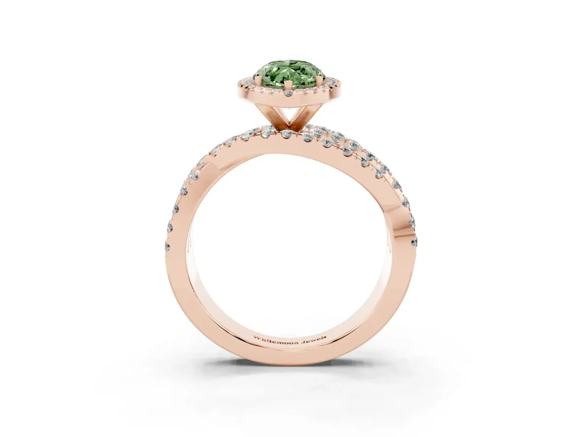 Fancy Green Marquise Cut Diamond Halo Ring with Round Split Shank and Prong Setting Rose gold