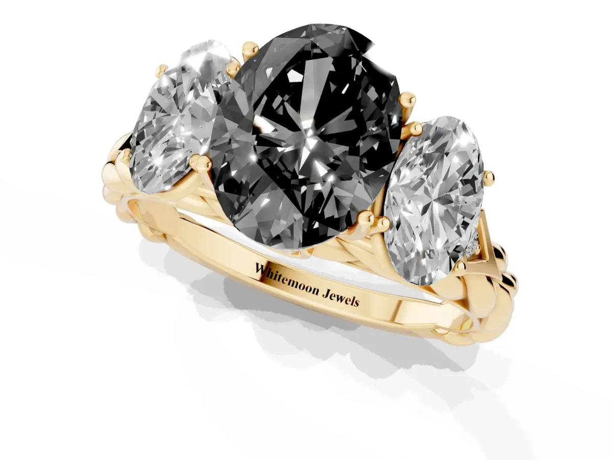 Fancy Black Three-Stone Oval Cut Diamond Braided Band Ring with Four-Prong Setting Yellow gold