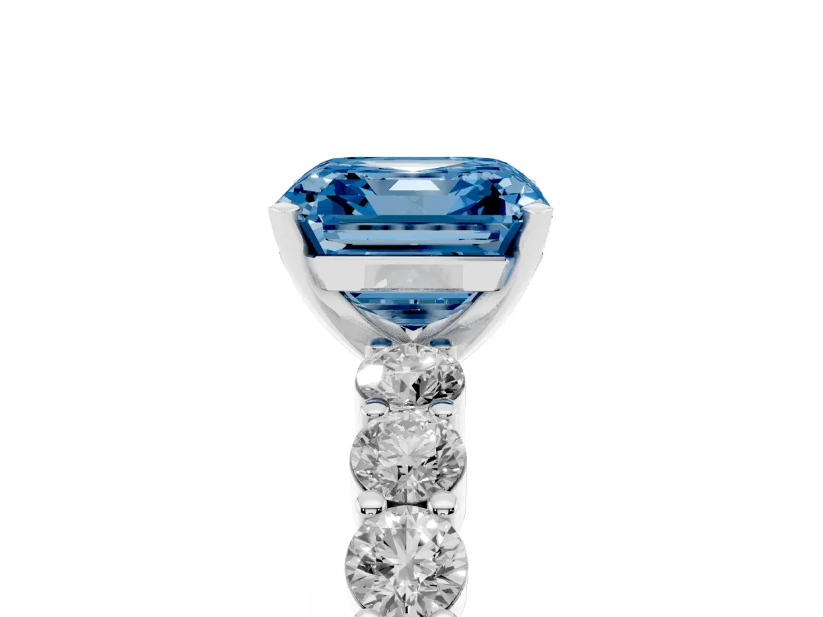 Fancy Blue Asscher Cut Diamond Solitaire Ring with Shared Prong Round Side Stones White gold