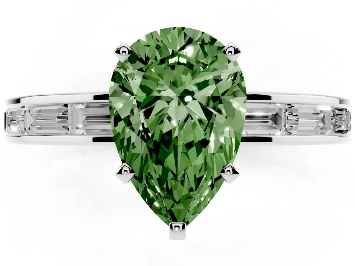 Fancy Green Pear Cut Solitaire Diamond Ring with Channel-Set Baguette Band and Four-Prong Setting White gold
