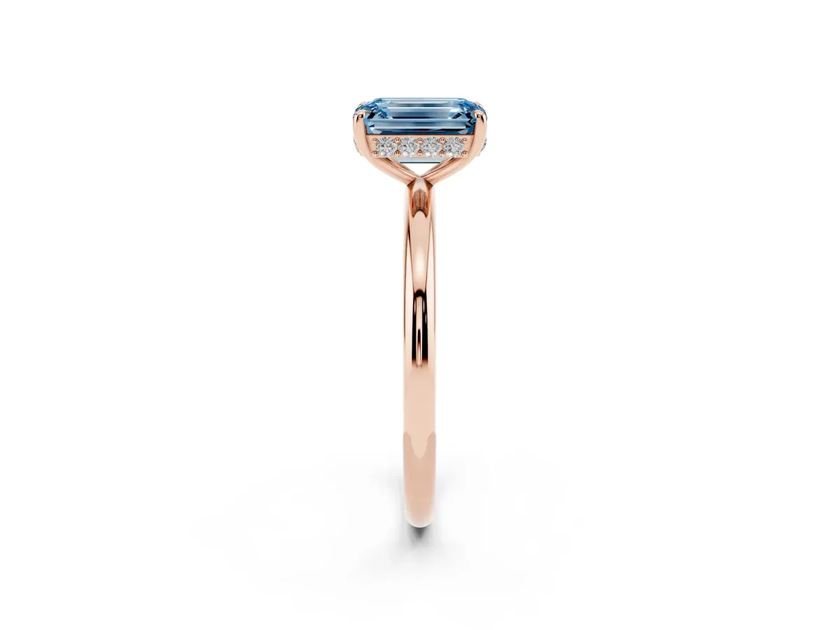 Fancy Blue Emerald Cut Solitaire Diamond Ring with a Classic Band and Four-Prong Setting Rose gold