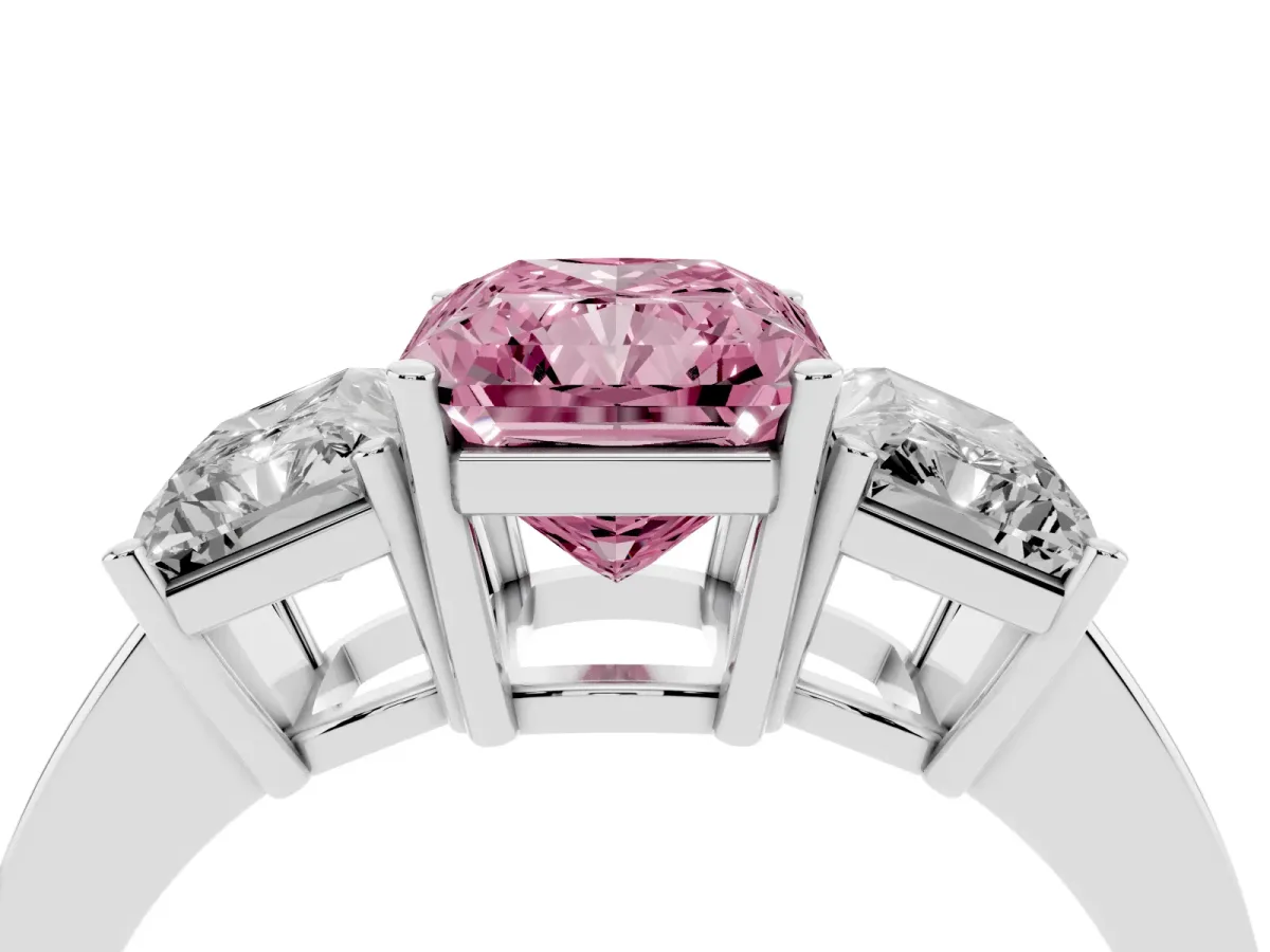 Fancy Pink Three-Stone Radiant Cut Cut Diamond Engagement Ring with Flat Band and Four-Prong Setting Silver