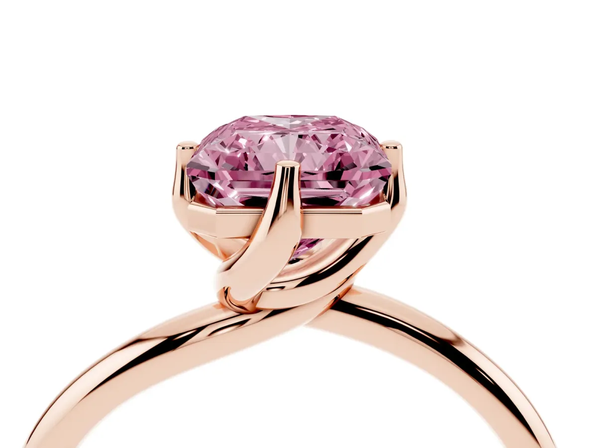 Fancy Pink Radiant Cut Diamond Solitaire Engagement Ring with Four-Prong Setting and Classic Band Rose gold
