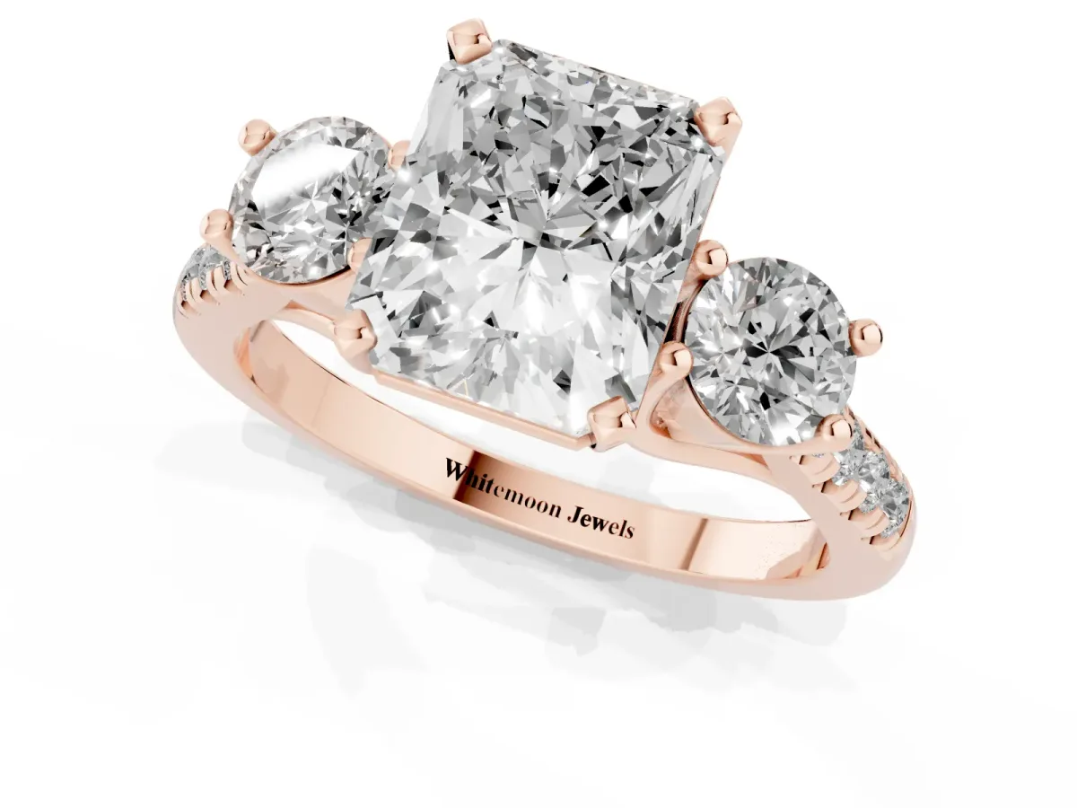 Three-Stone Radiant Cut Diamond Pavé Band with Four-Prong Setting Rose gold