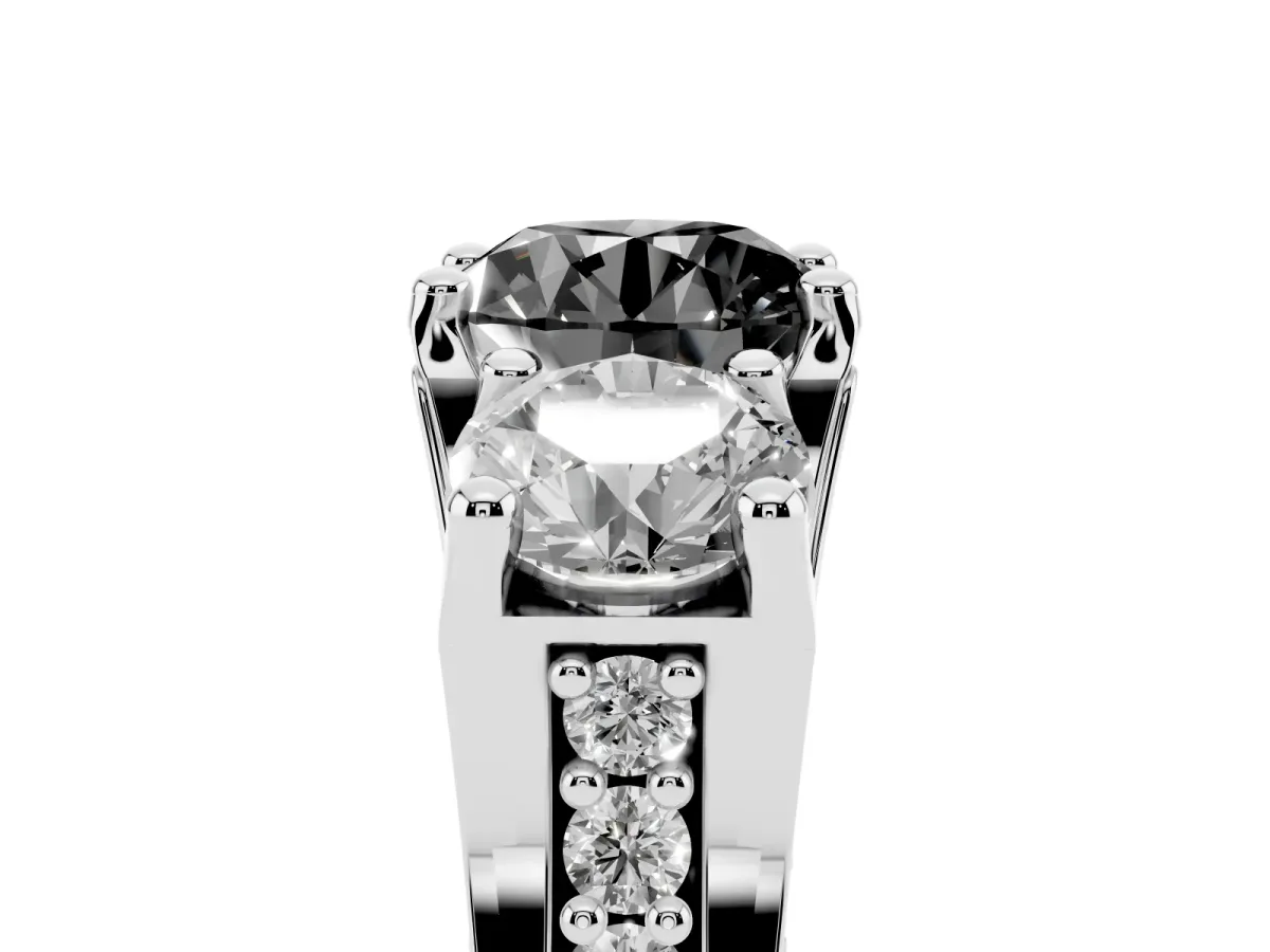 Fancy Black Round Cut Diamond Three-Stone Ring with Channel Set Band and Four-Prong Setting Silver