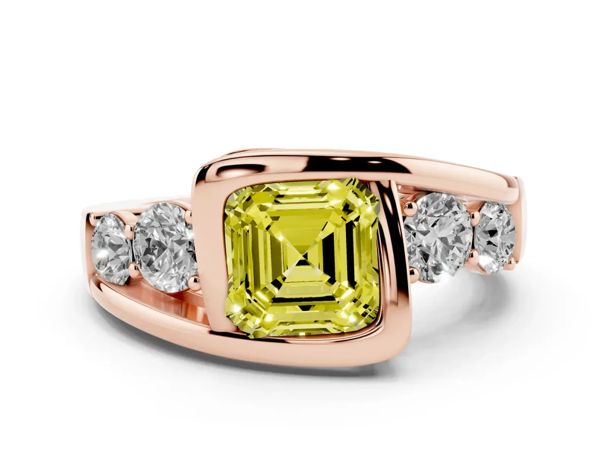 Fancy Yellow Bezel Set Asscher Cut Diamond Bypass Ring with Round Accents Rose gold