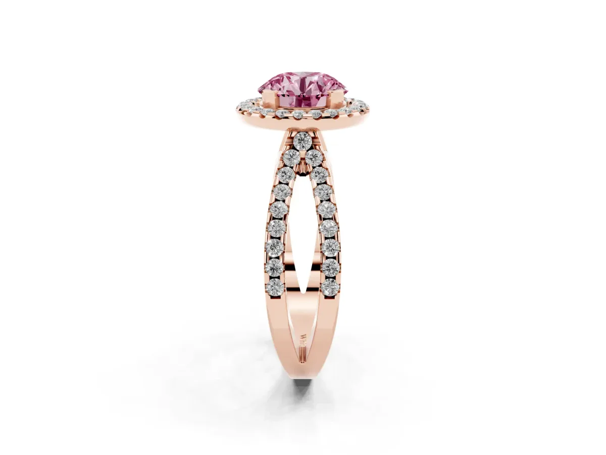 Fancy Pink Round Cut Diamond Halo Ring with Split Shank Pavé Band and Prong Setting Rose gold