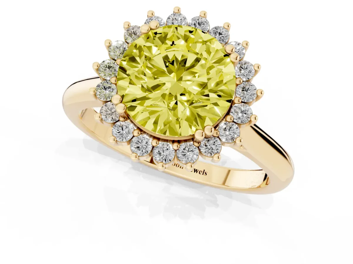 Fancy Yellow Round Cut Cut Diamond Halo Ring with Solitaire Band and Prong Setting Yellow gold
