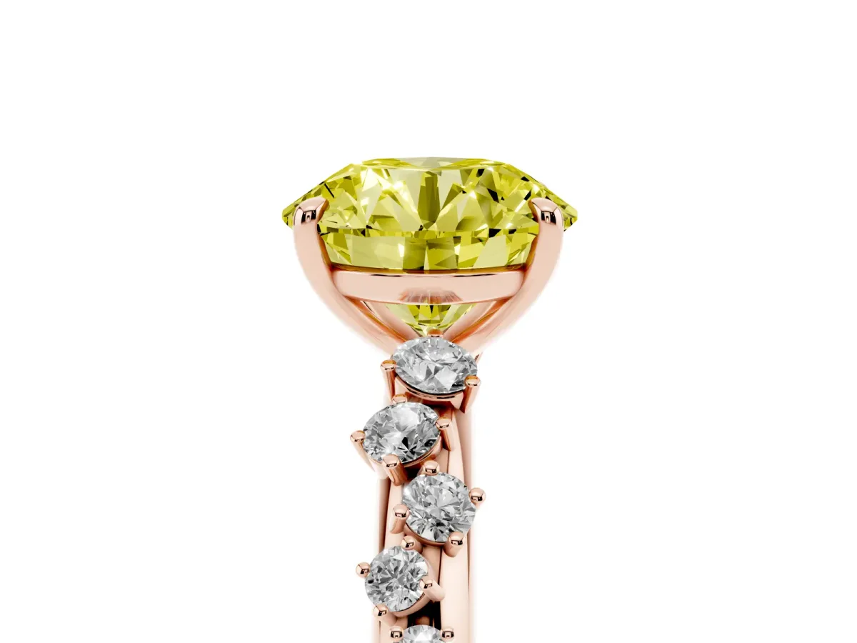 Fancy Yellow Round Cut Diamond Cluster Prong-Set Solitaire Ring Rose gold