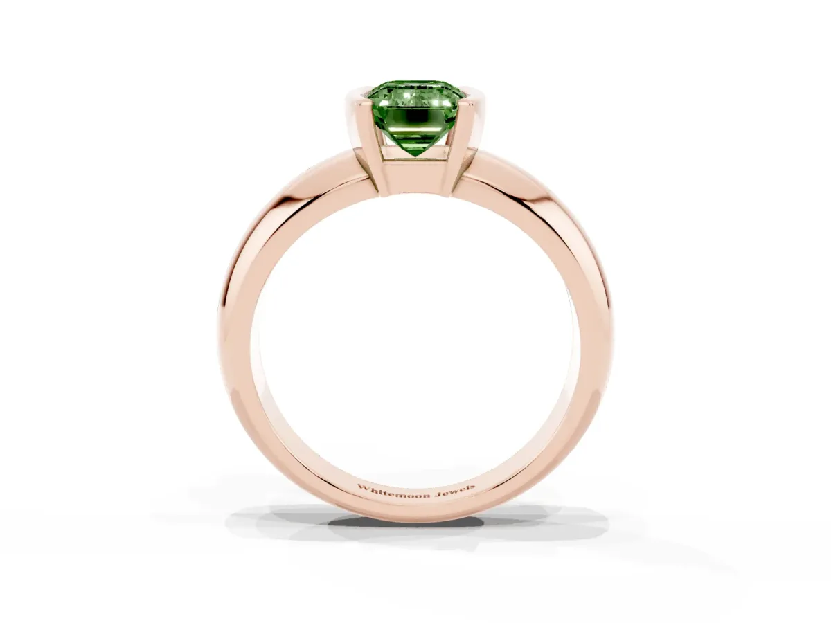 Fancy Green Emerald Cut Solitaire Tension Set Diamond Ring with Wide Band Rose gold
