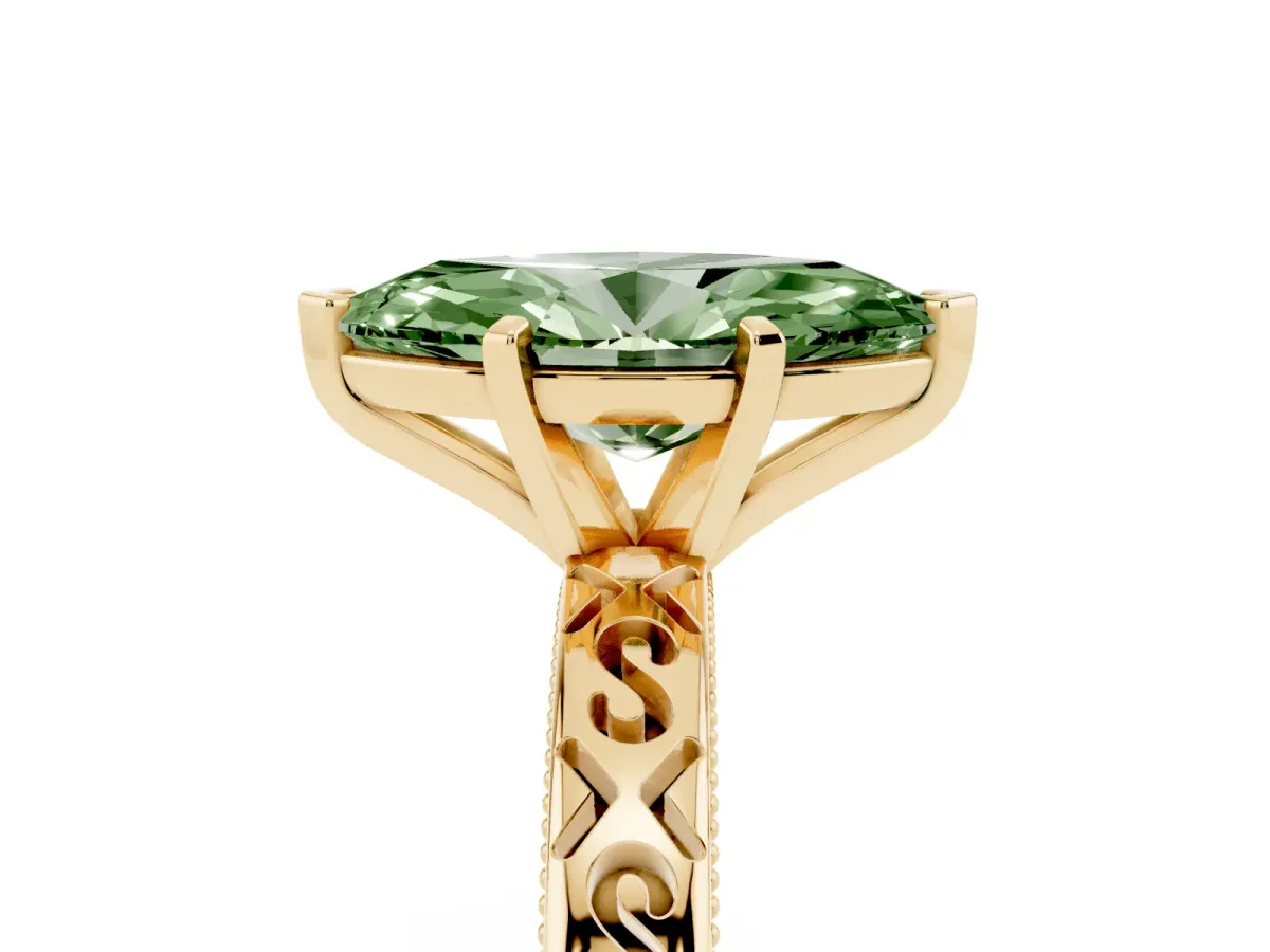 Fancy Green Marquise Cut Solitaire Engagement Ring with Scrollwork Band and Four-Prong Setting Yellow gold
