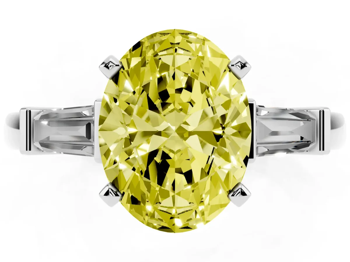 Fancy Yellow Oval Cut Cut Diamond Solitaire Ring with Tapered Baguette Accents and Four-Prong Setting Platinum