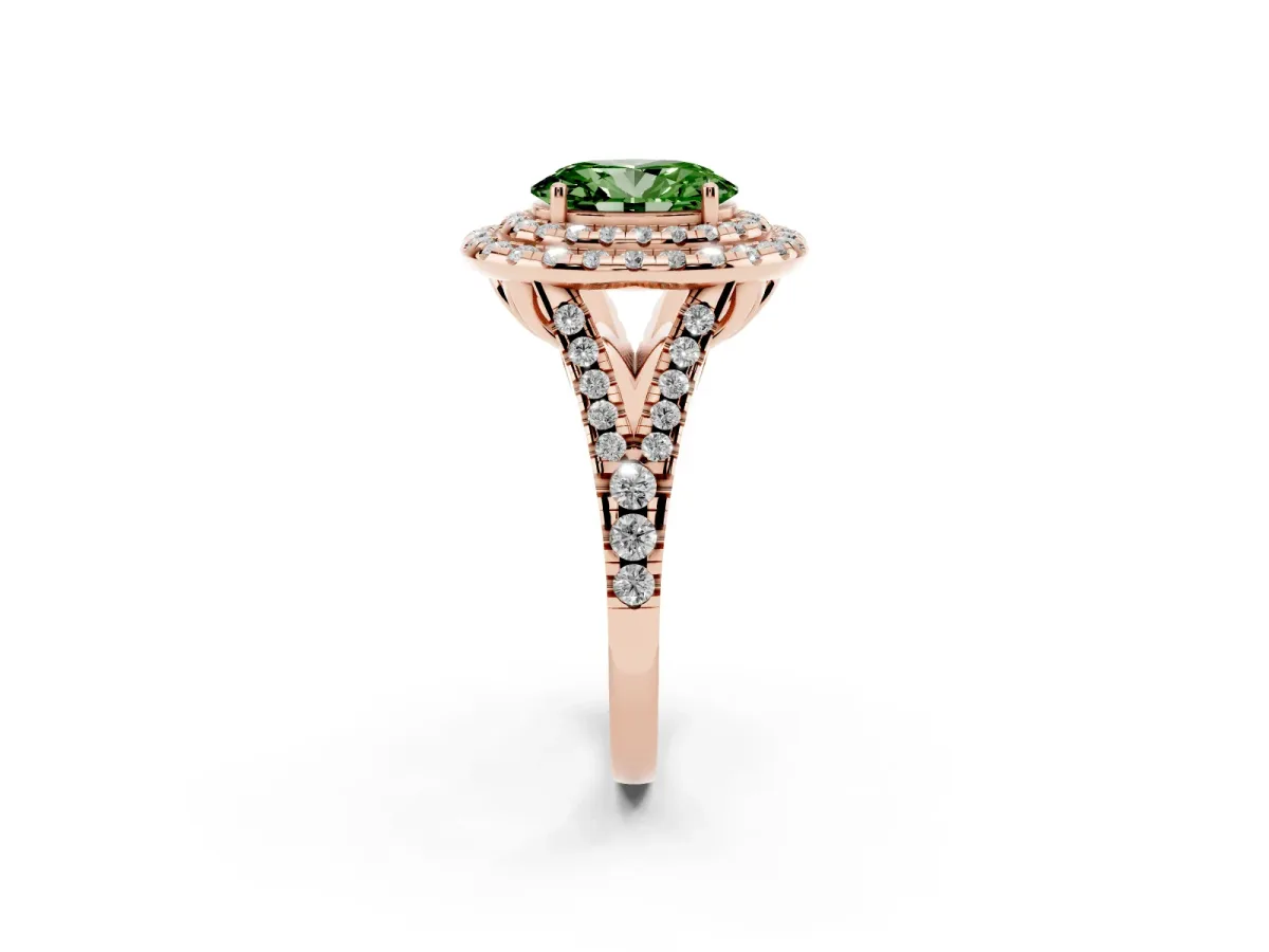 Fancy Green Double Halo Oval Cut Diamond Pavé Split Shank Ring with Prong Setting Rose gold
