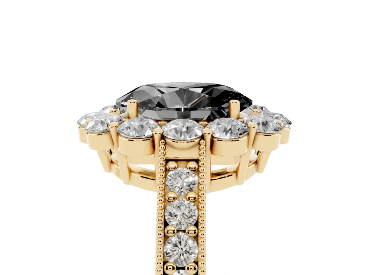 Fancy Black Oval Cut Cut Halo Diamond Pavé Engagement Ring with Milgrain Detailing Yellow gold