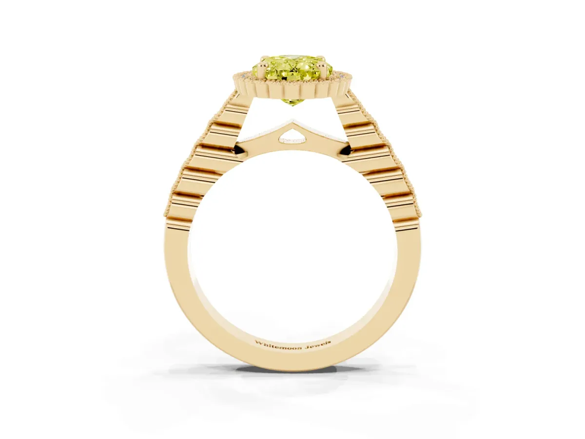 Fancy Yellow Oval Cut Cut Halo Pavé Solitaire Ring with Milgrain Band Yellow gold
