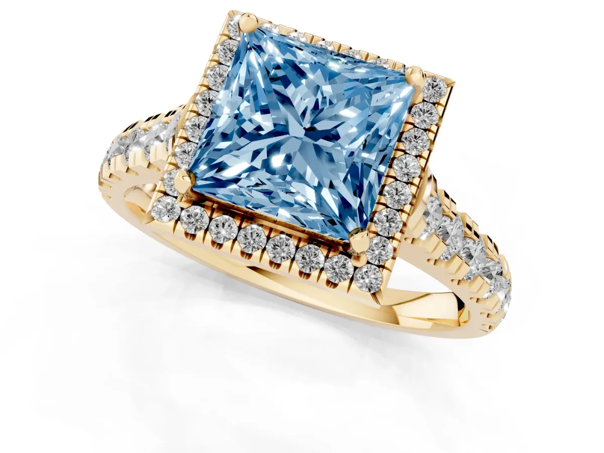 Fancy Blue Princess Cut Halo Pavé Diamond Engagement Ring with Four-Prong Setting Yellow gold
