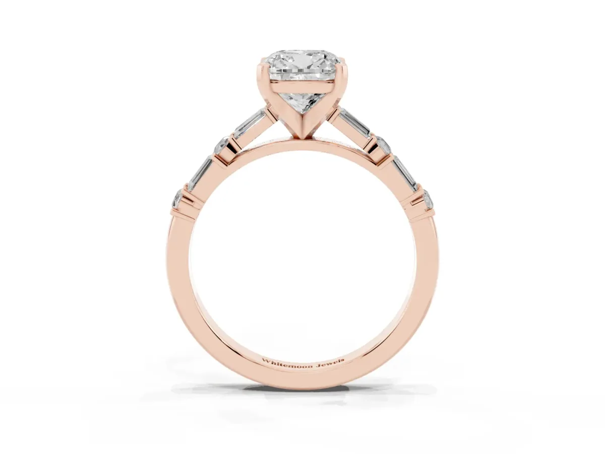 Cushion Cut Diamond Solitaire with Side Baguettes and Channel Set Band Rose gold