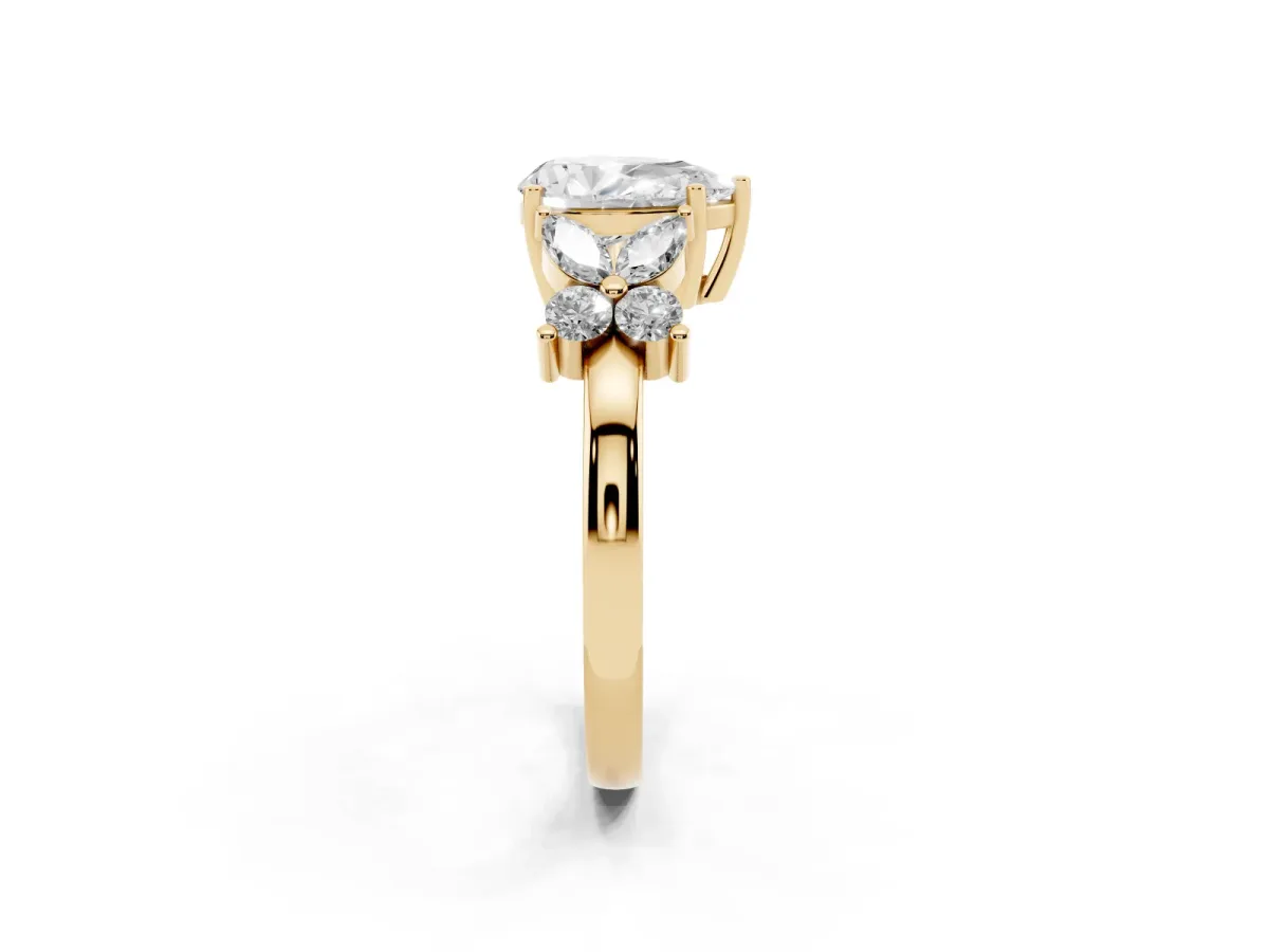 Pear Cut Diamond Floral Cluster Ring with Solitaire Band and Prong Setting Yellow gold