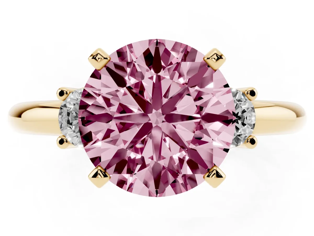 Fancy Pink Three-Stone Round Cut Cut Diamond Solitaire with Prong Setting and Classic Band Yellow gold