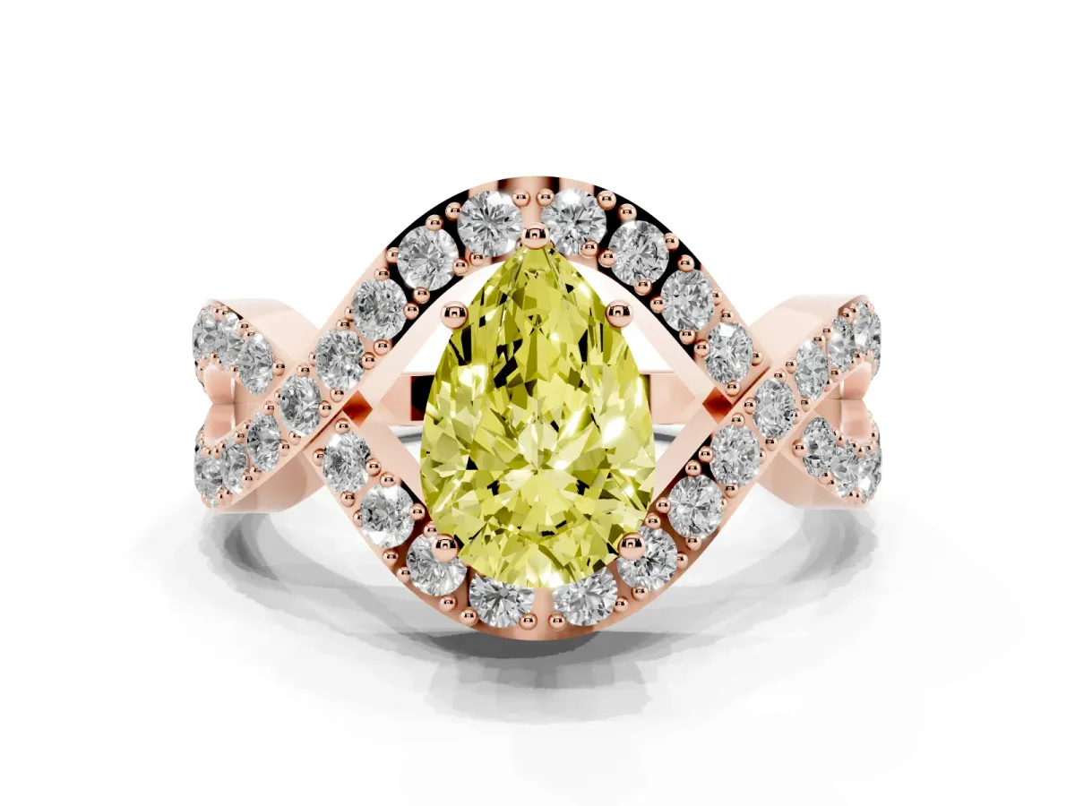 Fancy Yellow Pear Cut Solitaire Twist Band Pavé Diamond Engagement Ring Rose gold