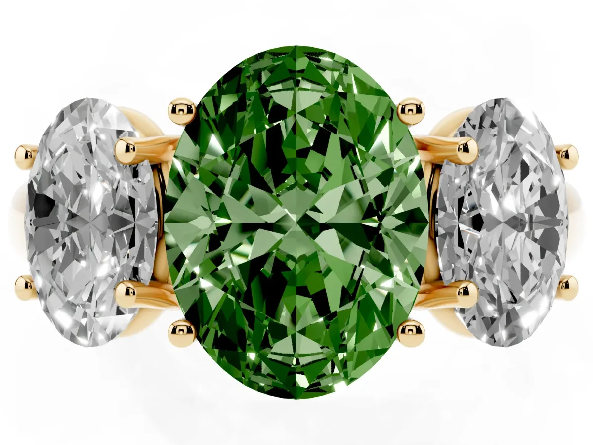 Fancy Green Three-Stone Oval Cut Diamond Engagement Ring with Prong Setting Yellow gold