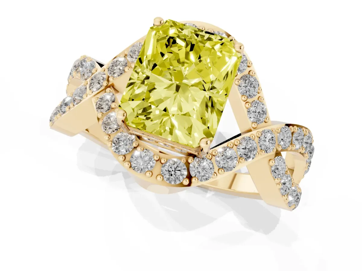 Fancy Yellow Radiant Cut Solitaire Twist Band Pavé Diamond Engagement Ring Yellow gold