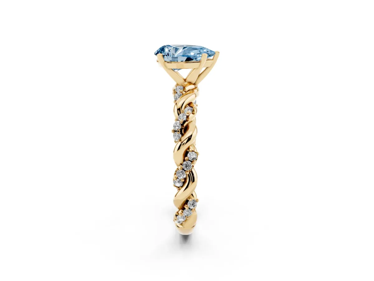 Fancy Blue Pear Cut Diamond Solitaire Ring with Twisted Band and Pavé Accents Yellow gold