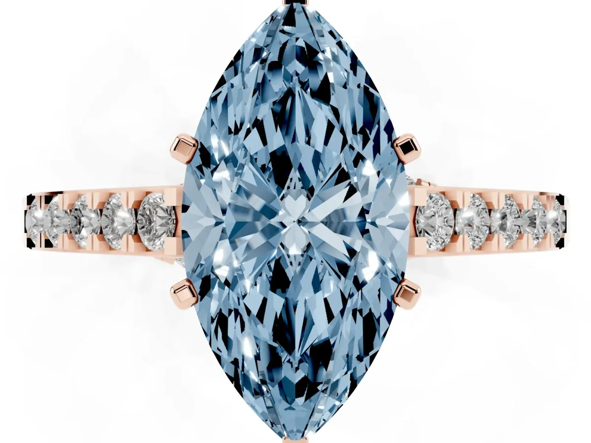 Fancy Blue Marquise Cut Diamond Solitaire Ring with Crossover Gallery and Round Pavé Band Rose gold