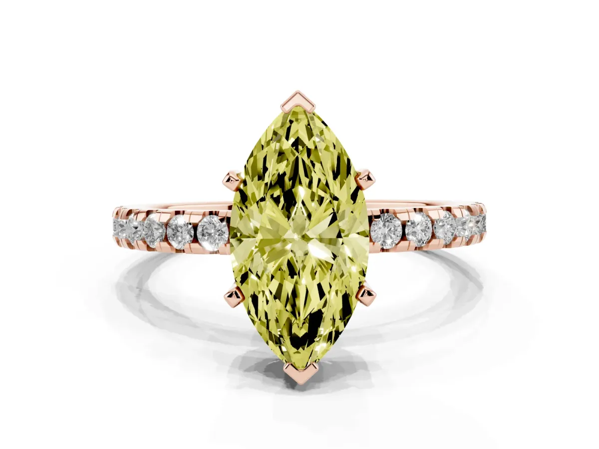 Fancy Yellow Marquise Cut Diamond Solitaire Ring with Round Pavé Band and Four-Prong Setting Rose gold