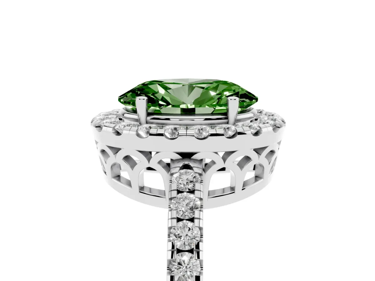 Fancy Green Oval Cut Halo Diamond Engagement Ring with Pavé Band and Four-Prong Setting White gold