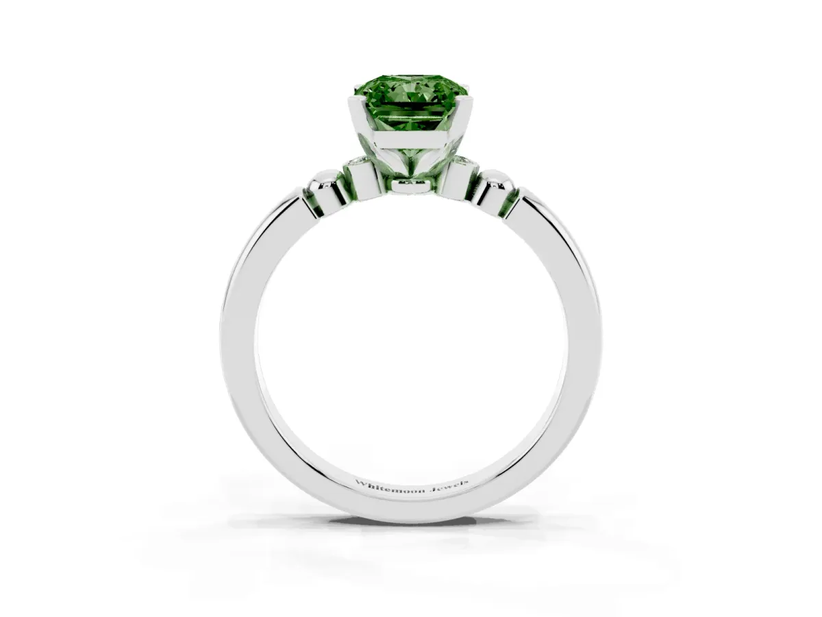 Fancy Green Radiant Cut Solitaire Beaded Band with Four-Prong Setting Silver