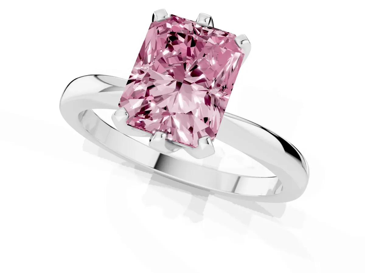 Fancy Pink Radiant Cut Solitaire Engagement Ring with Six-Prong Setting and Tapered Band Platinum