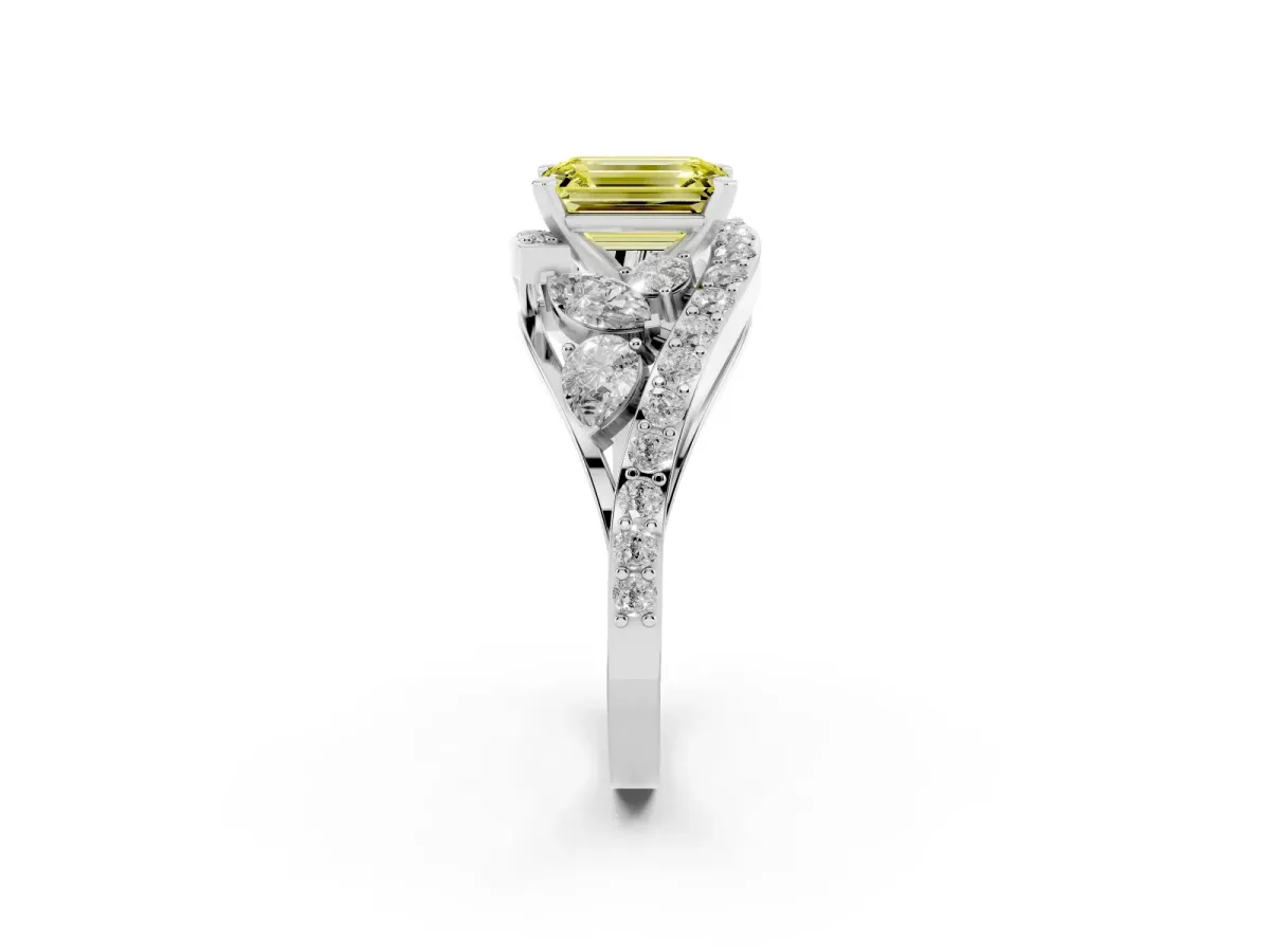 Fancy Yellow Emerald Cut Diamond Halo Ring with Marquise and Pavé Band in Prong Setting Platinum
