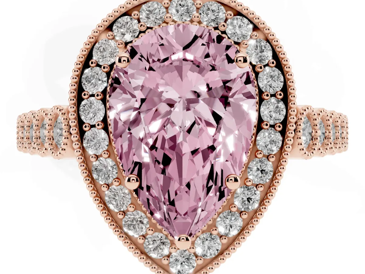 Fancy Pink Pear Cut Halo Milgrain Solitaire with Bezel Set Side Stones and Pave Band Rose gold