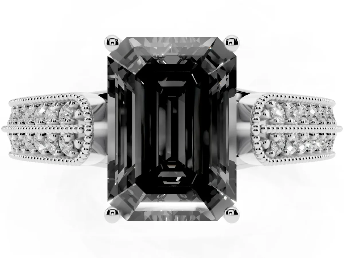 Fancy Black Emerald Cut Cut Pave Split Shank Engagement Ring with Four-Prong Setting Platinum