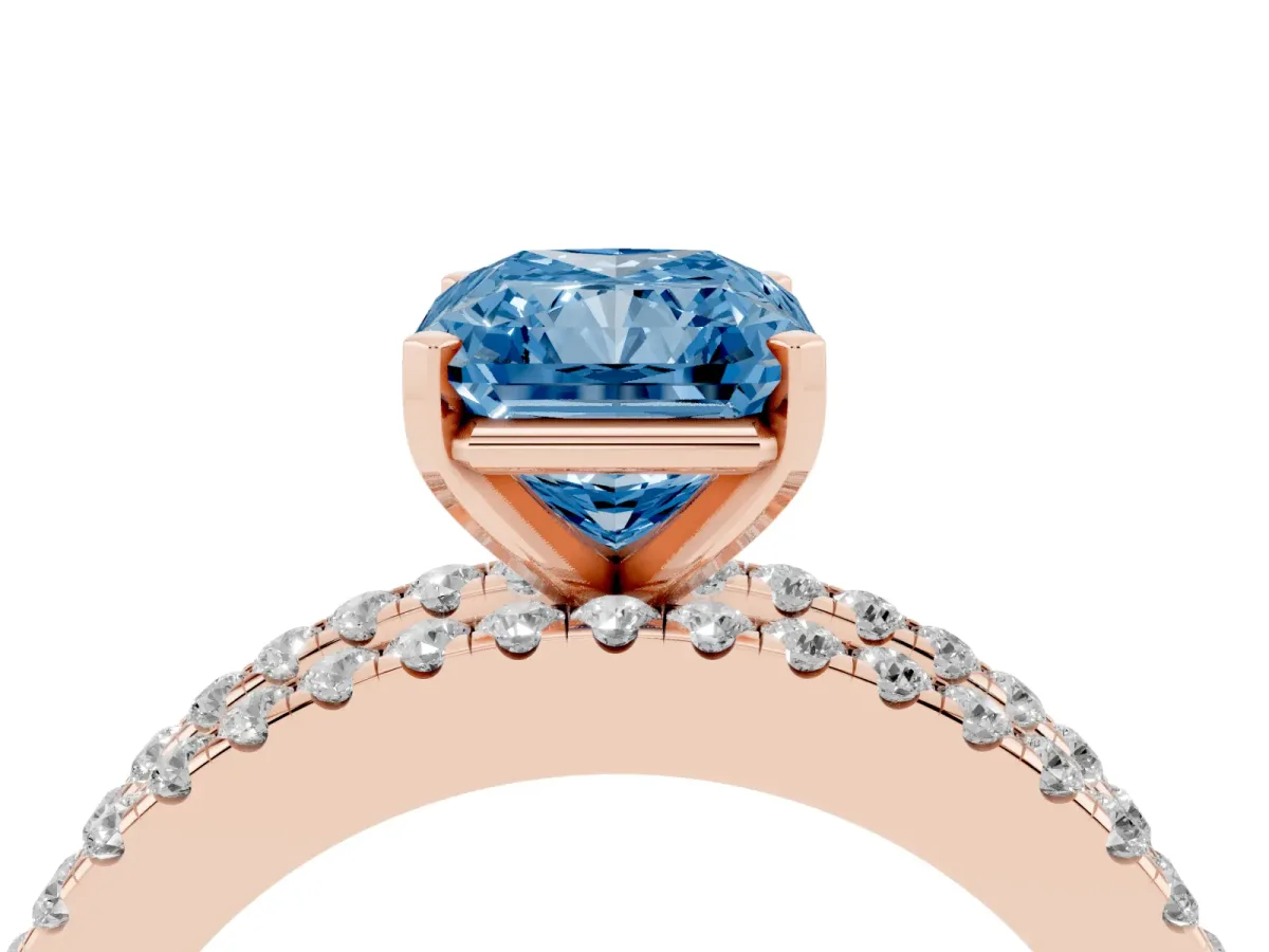 Fancy Blue Radiant Cut Diamond Solitaire Ring with Pavé and Channel Set Band Rose gold